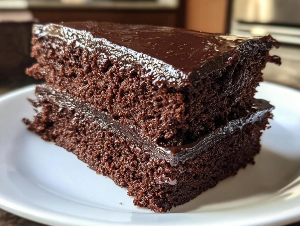 Two slices of rich Low Carb Chocolate Cake stacked on a white plate, covered in glossy chocolate ganache.