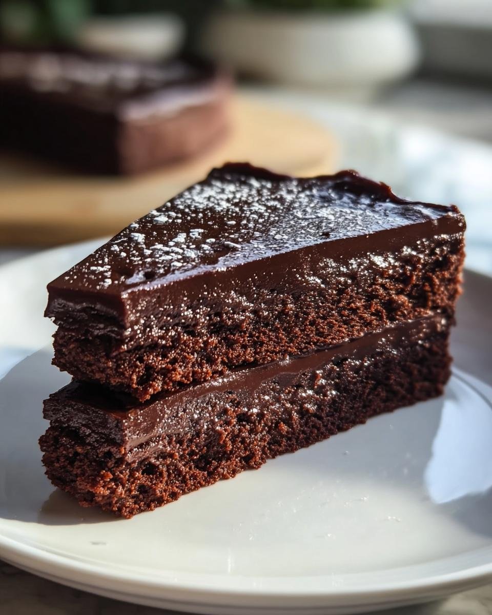 A delicious slice of Low Carb Chocolate Cake with chocolate ganache and powdered sweetener on a white plate.