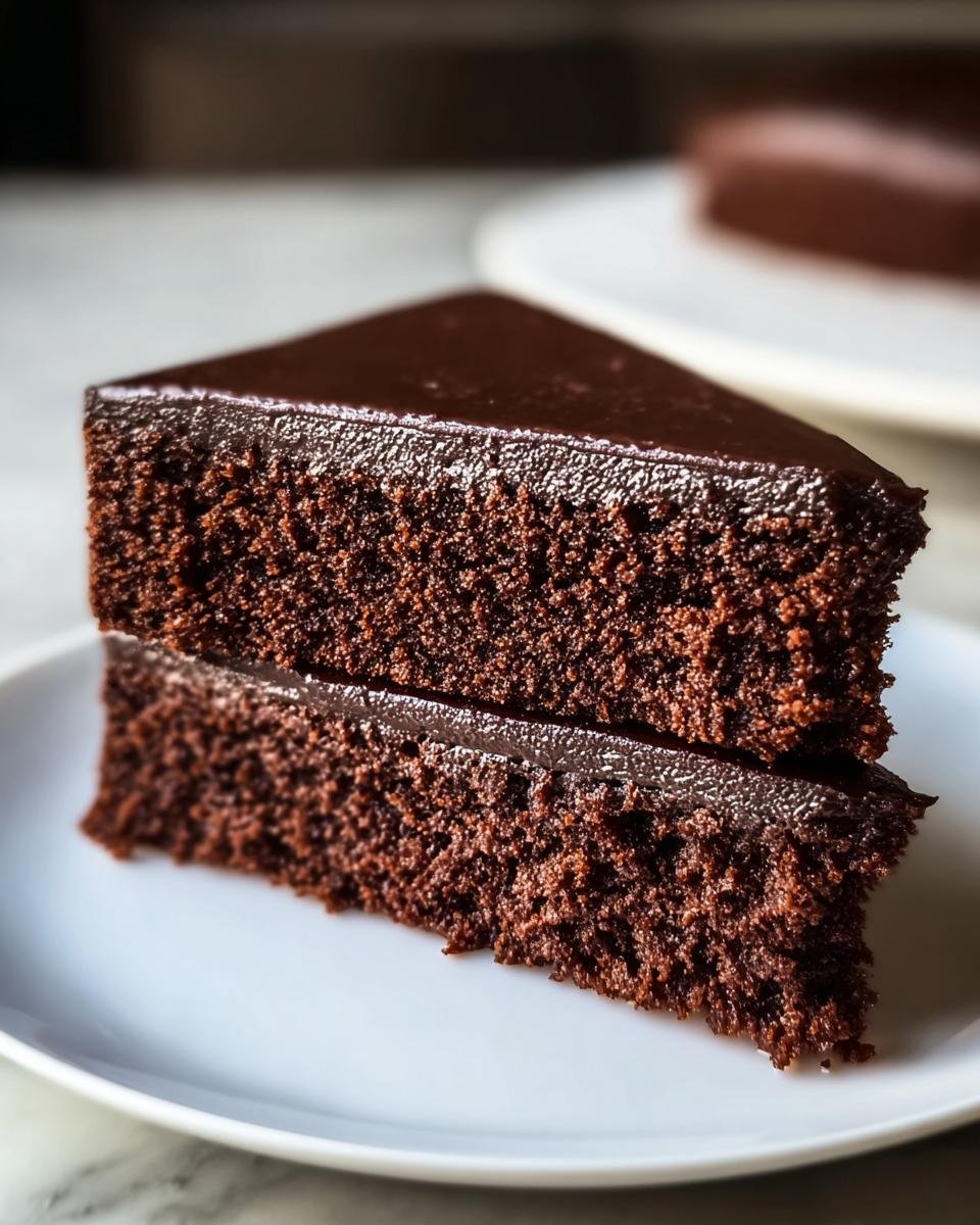 Two slices of rich, decadent Low Carb Chocolate Cake stacked on a white plate, showcasing the moist texture and glossy chocolate glaze.