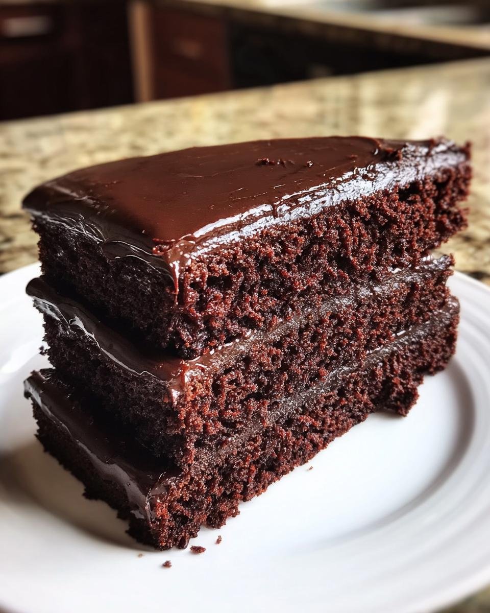 Three slices of rich Low Carb Chocolate Cake stacked on a white plate, topped with glossy chocolate frosting.