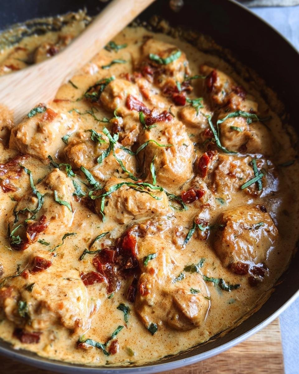 Close-up of creamy Marry Me Chicken in a pan, garnished with basil and sun-dried tomatoes.