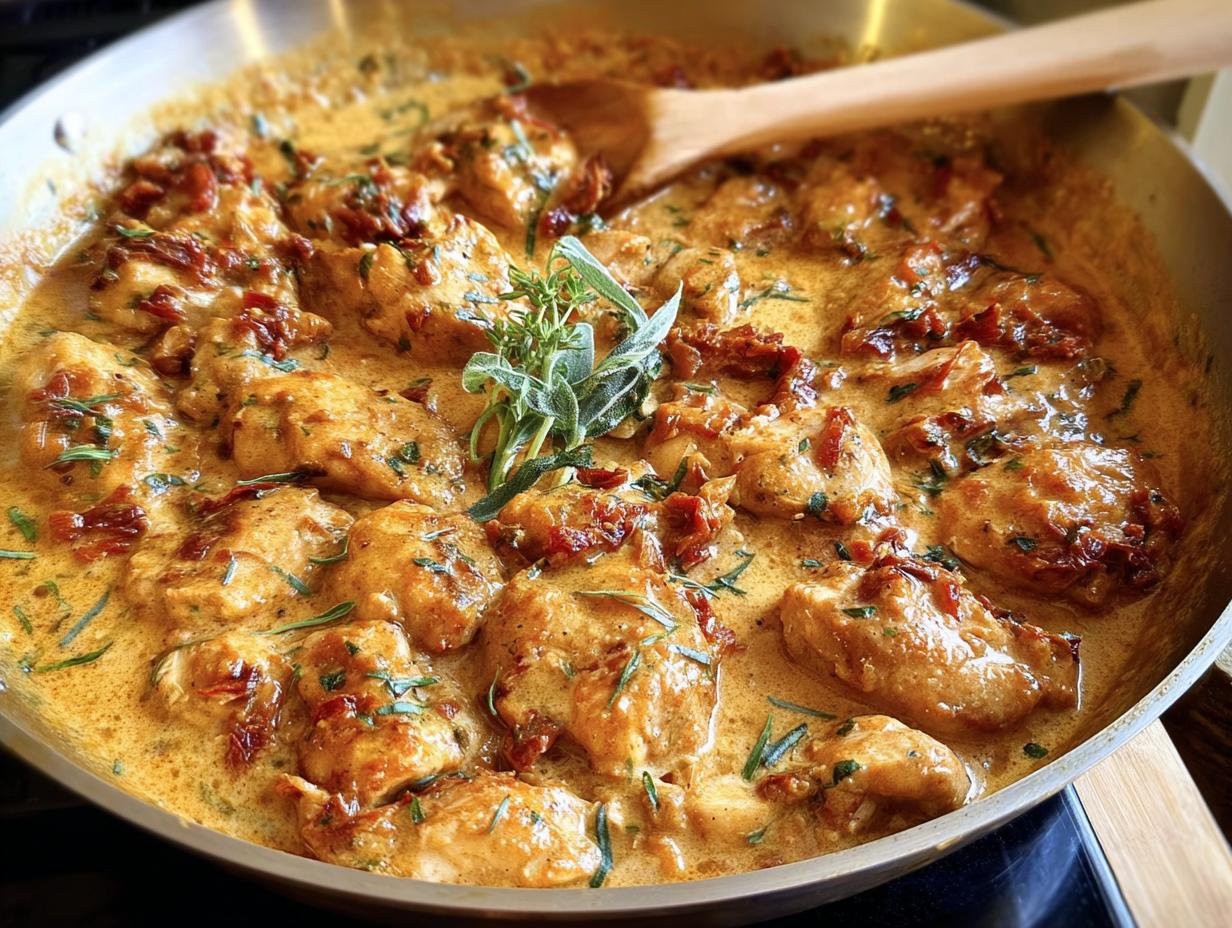 A pan of creamy Marry Me Chicken with sun-dried tomatoes and fresh herbs, ready to serve.