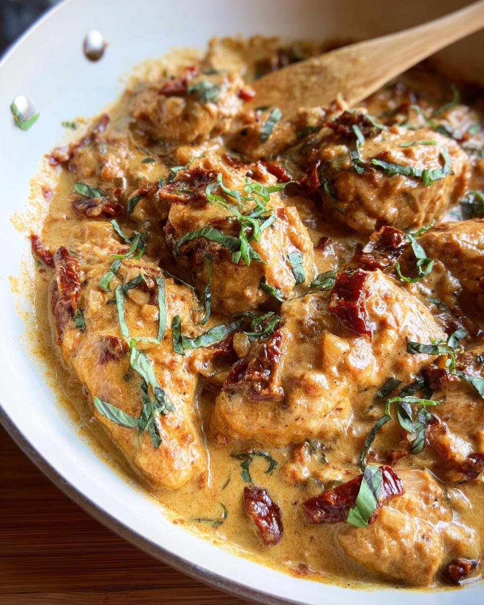 Close-up of Marry Me Chicken in a creamy sauce with sun-dried tomatoes and basil, served in a white pan.