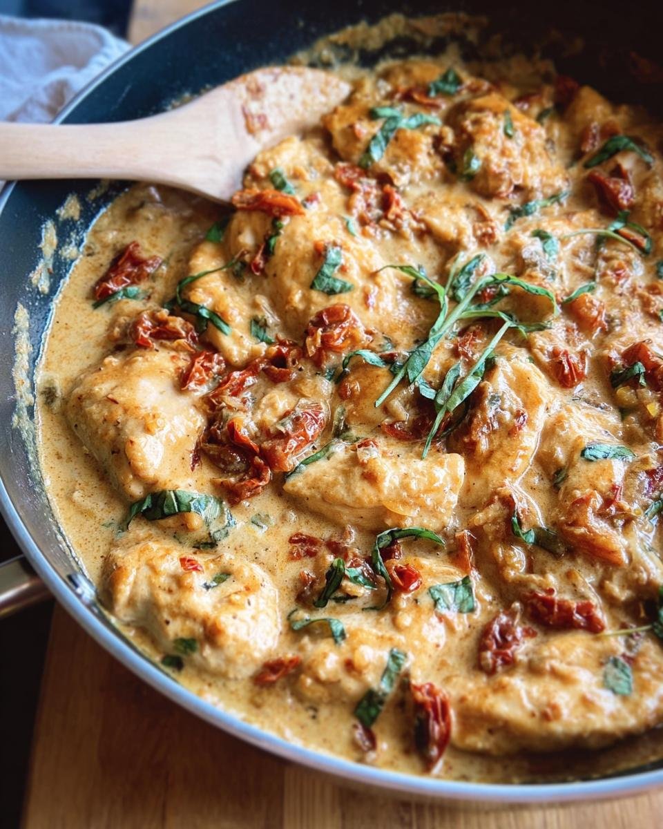 Overhead shot of Marry Me Chicken in a pan, featuring creamy sauce, chicken, sun-dried tomatoes, and basil.