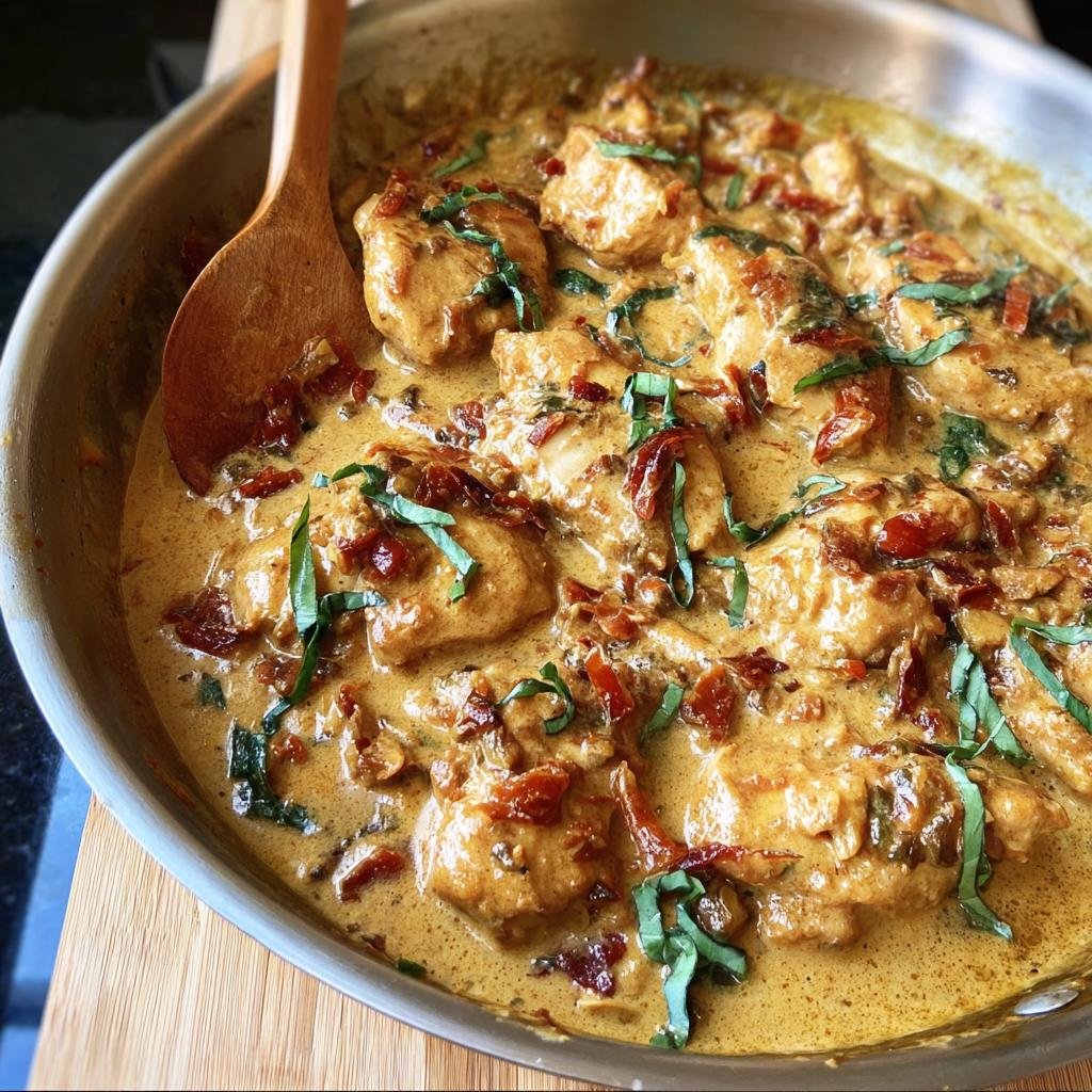 Marry Me Chicken in a skillet with creamy sauce, sun-dried tomatoes, and basil.