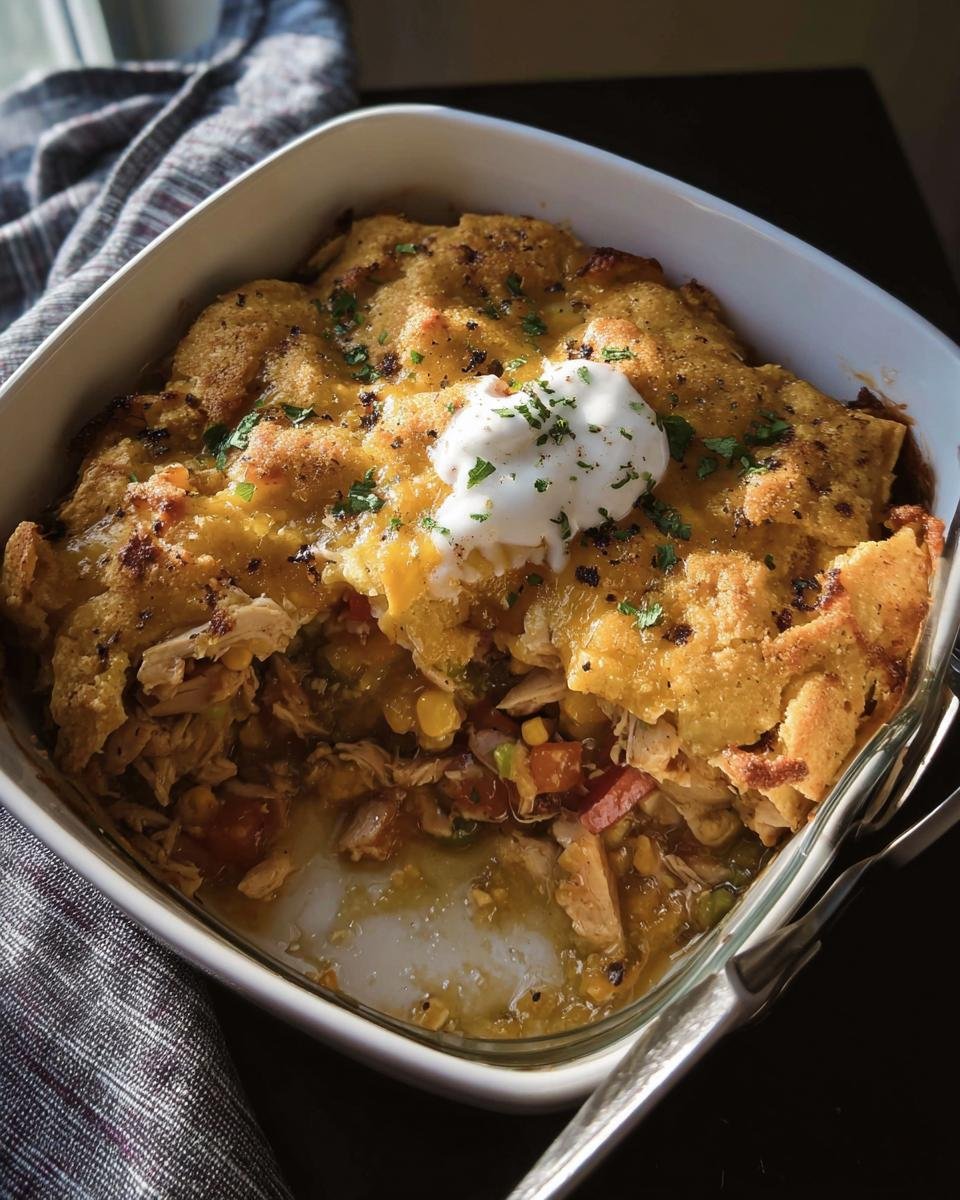 A partially eaten Meal Prep Chicken Casserole in a white dish, topped with sour cream and parsley.