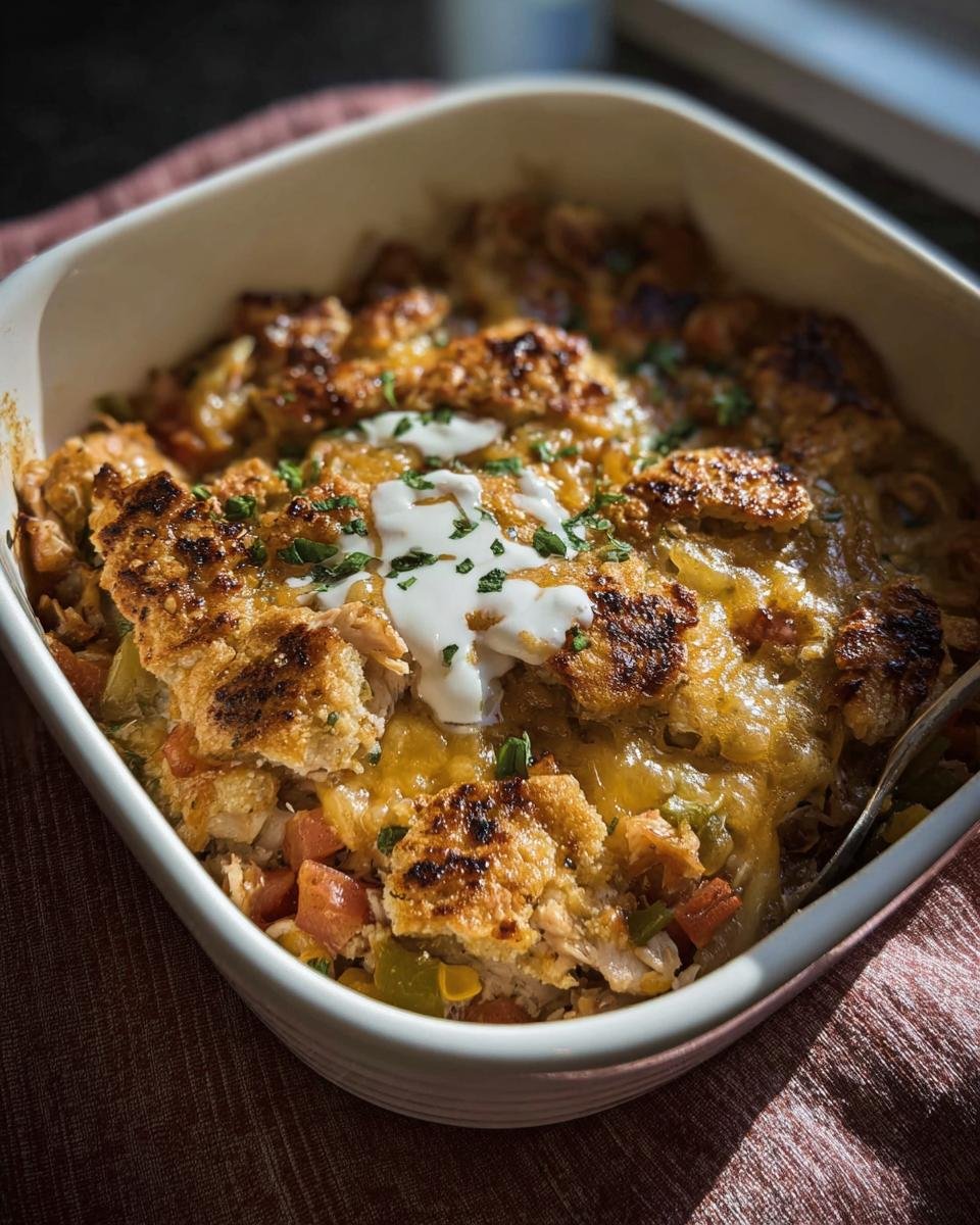 A freshly baked Meal Prep Chicken Casserole in a white dish, topped with melted cheese and a dollop of sour cream.