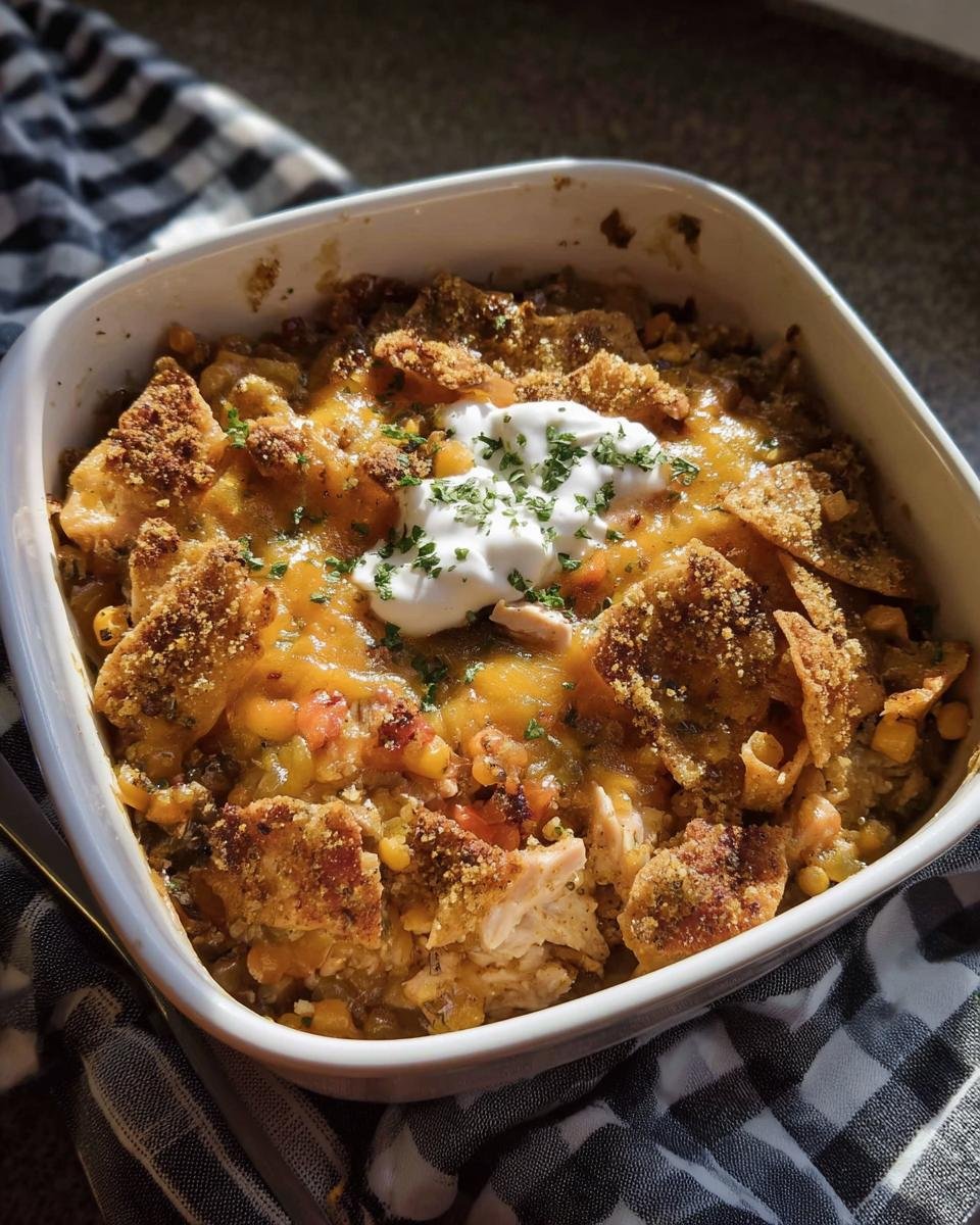 Overhead view of Meal Prep Chicken Casserole in a white dish, topped with cheese, sour cream, and herbs.