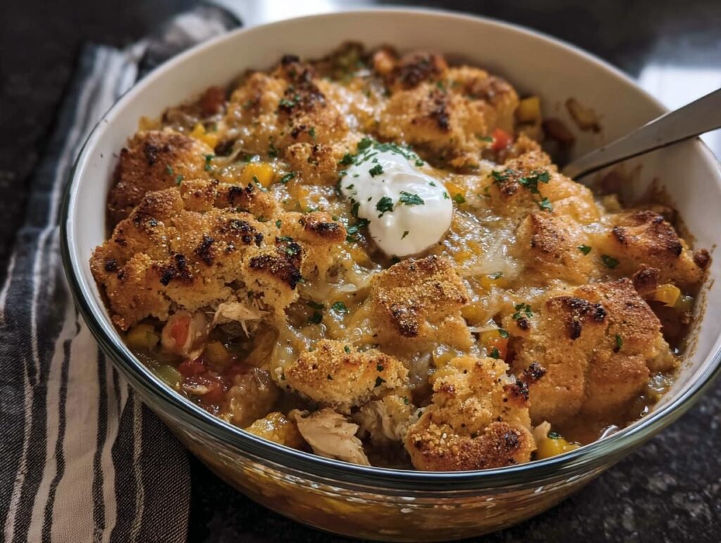Overhead shot of Meal Prep Chicken Casserole in a clear baking dish, topped with biscuits and a dollop of sour cream.