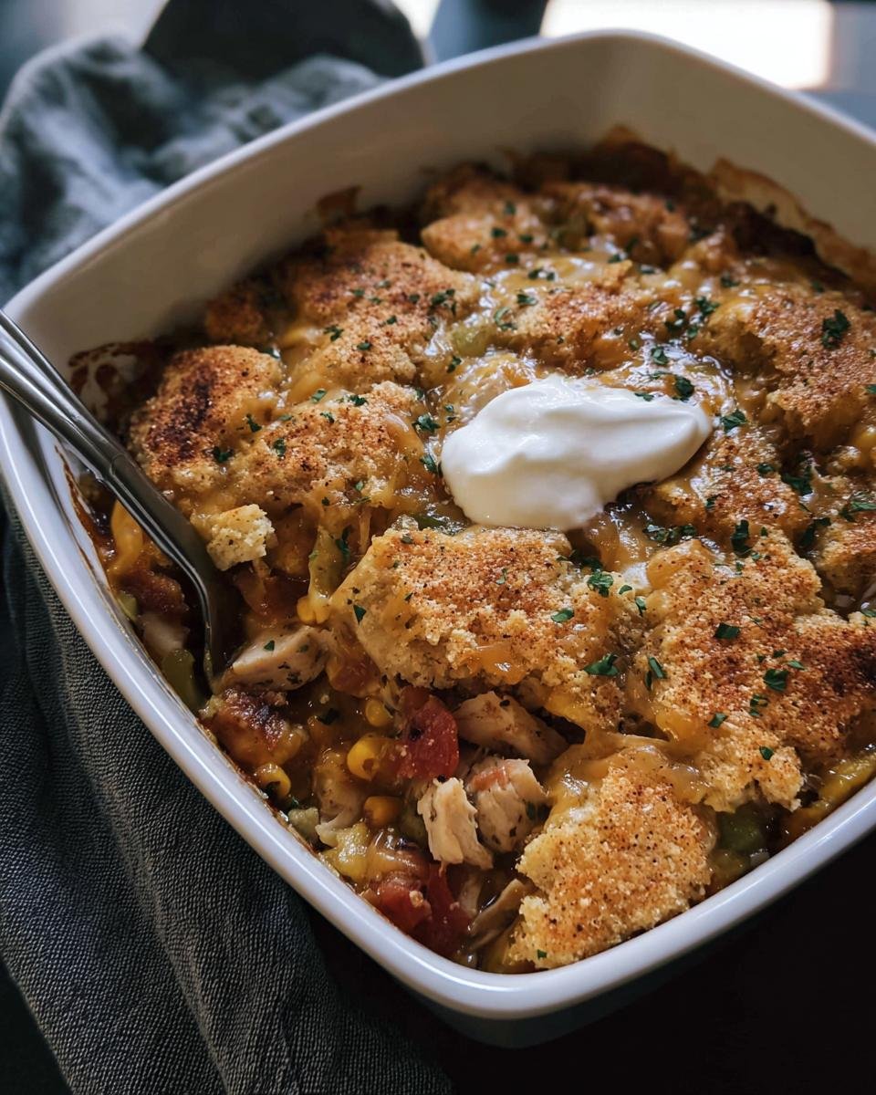 A freshly baked Meal Prep Chicken Casserole in a white dish, topped with dollop of sour cream and parsley.