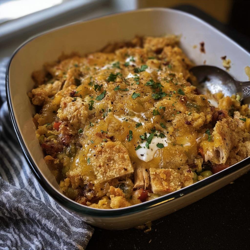 Close-up of a Meal Prep Chicken Casserole in a baking dish, topped with cheese and herbs.