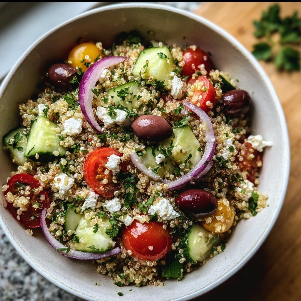 Overhead shot of a vibrant Mediterranean Quinoa Salad with quinoa, tomatoes, cucumbers, olives, feta, and red onion.