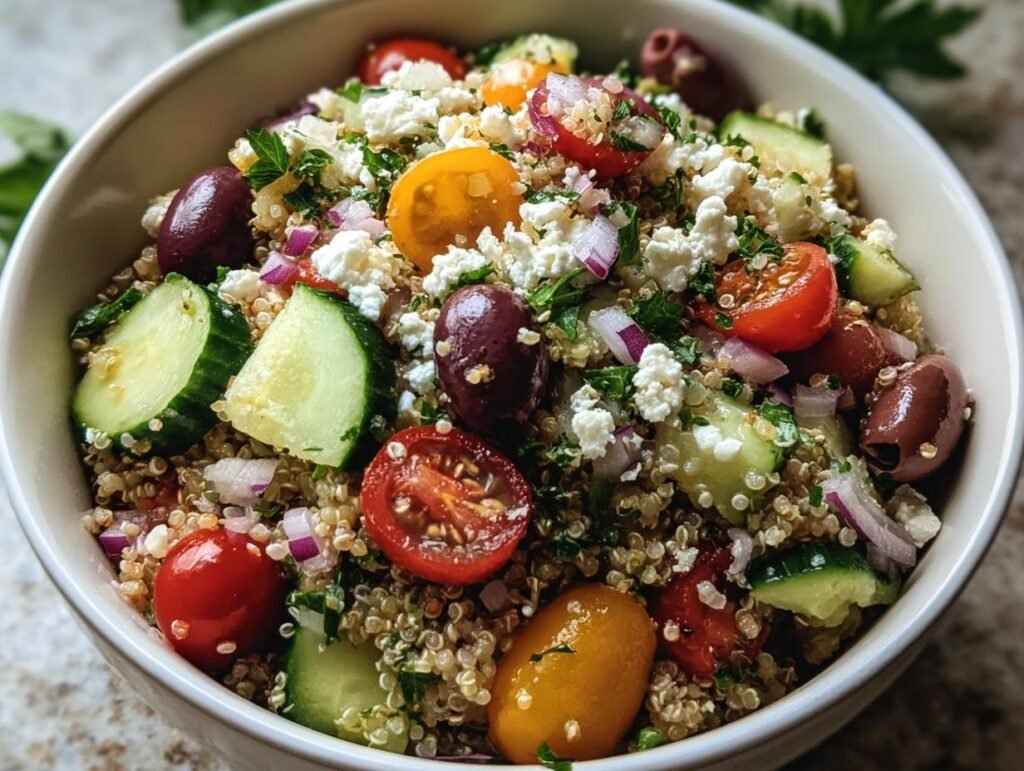 A colorful bowl of Mediterranean Quinoa Salad with quinoa, tomatoes, cucumbers, olives, feta, and red onion.