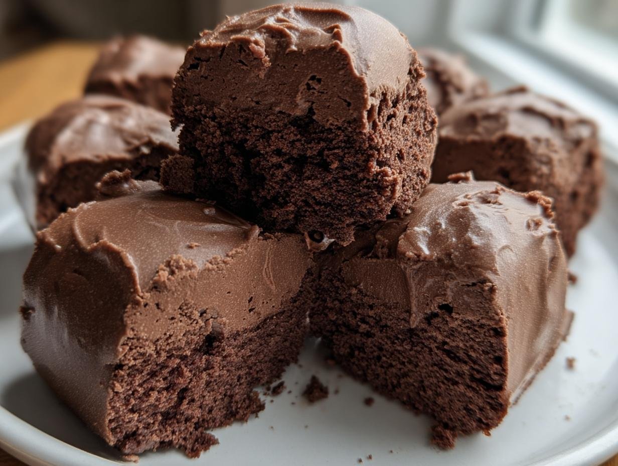 Close-up of several pieces of No-Bake Cottage Brownie with chocolate frosting on a white plate.