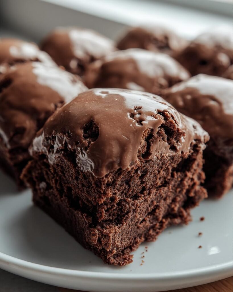 Close-up of no-bake cottage brownie squares with glossy chocolate frosting on a white plate.