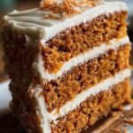 A delicious slice of No Sugar Carrot Cake with layers of cream cheese frosting, topped with shredded carrots.