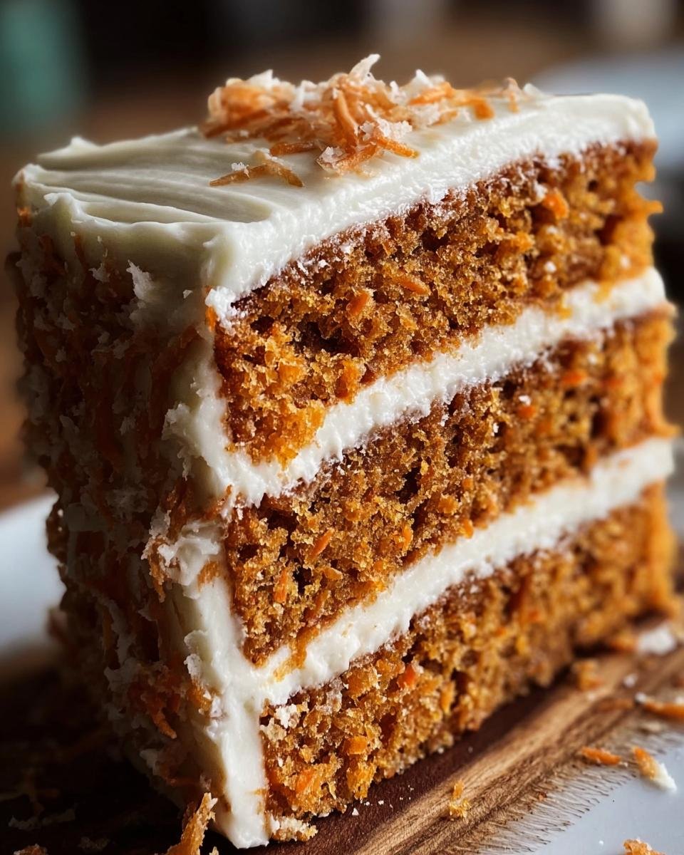 A delicious slice of No Sugar Carrot Cake with layers of cream cheese frosting, topped with shredded carrots.