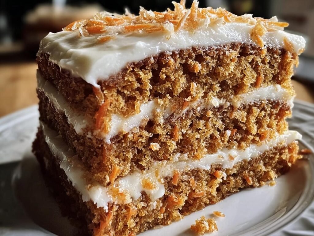 A slice of No Sugar Carrot Cake with layers of cake and frosting, topped with shredded carrots.