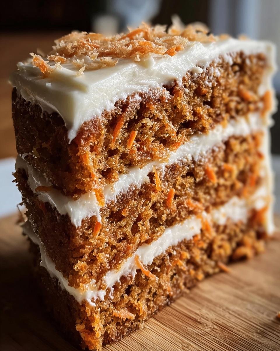 A delicious slice of No Sugar Carrot Cake with cream cheese frosting, showcasing the moist texture and carrot shreds.