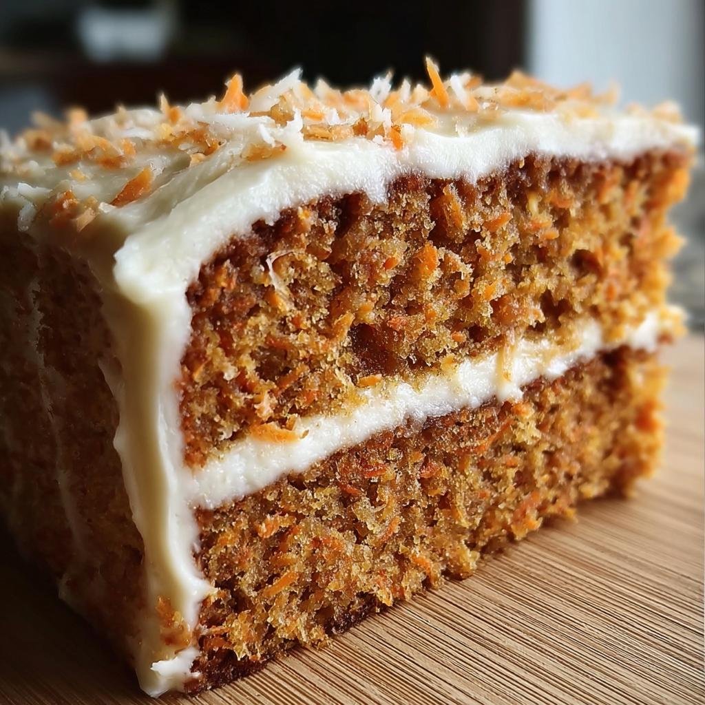 A close-up of a delicious slice of No Sugar Carrot Cake with creamy frosting and carrot shavings.