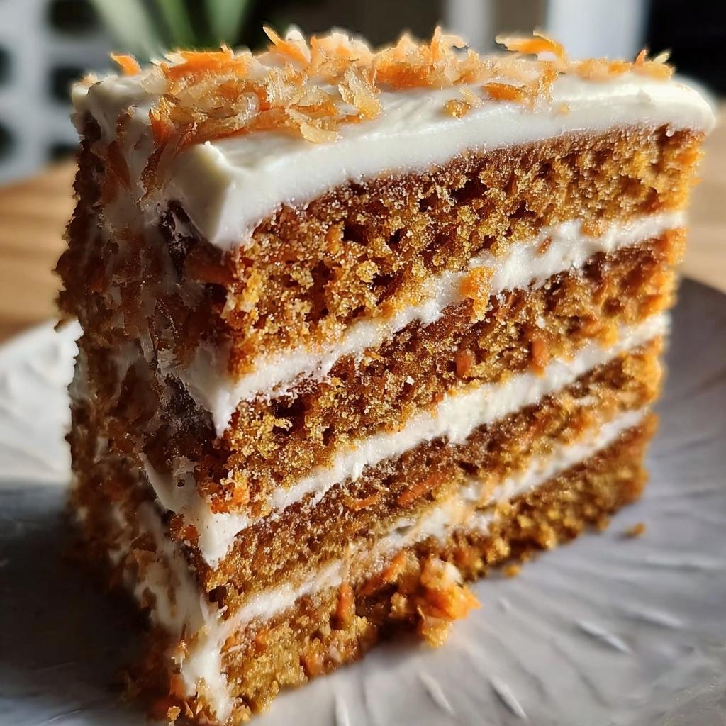 A delicious slice of No Sugar Carrot Cake with layers of frosting, topped with shredded carrots.