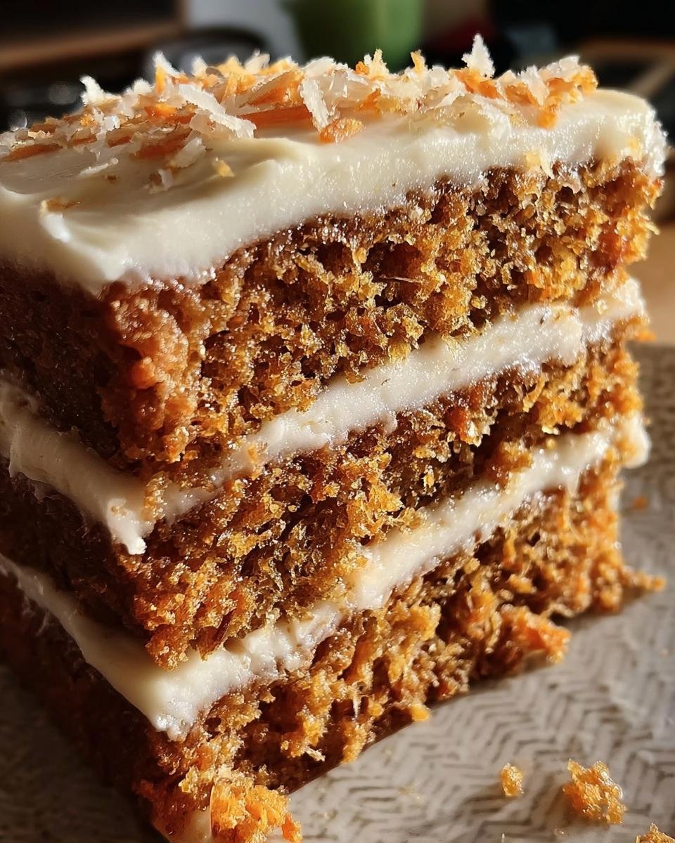 A close-up of a slice of No Sugar Carrot Cake with layers of cream cheese frosting and a coconut flake topping.