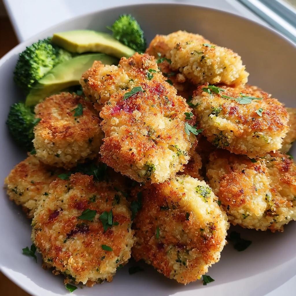 A bowl of Nutritious Chicken Broccoli Nuggets served with fresh avocado slices and broccoli florets.