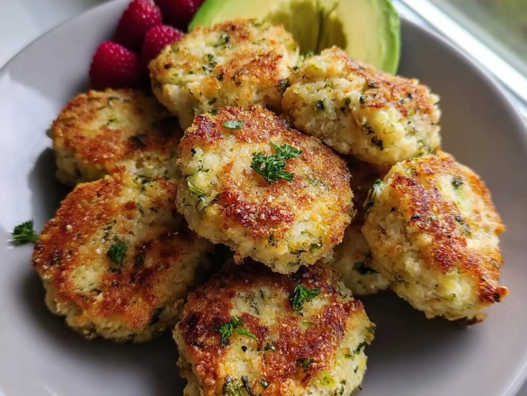 A plate of golden brown Nutritious Chicken Broccoli Nuggets served with avocado and raspberries.