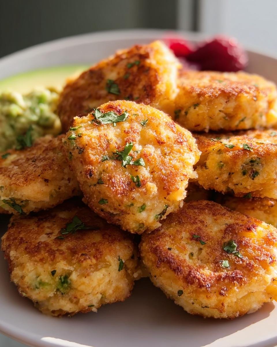 A stack of golden brown Nutritious Chicken Broccoli Nuggets, garnished with parsley, served with avocado and cranberry sauce.