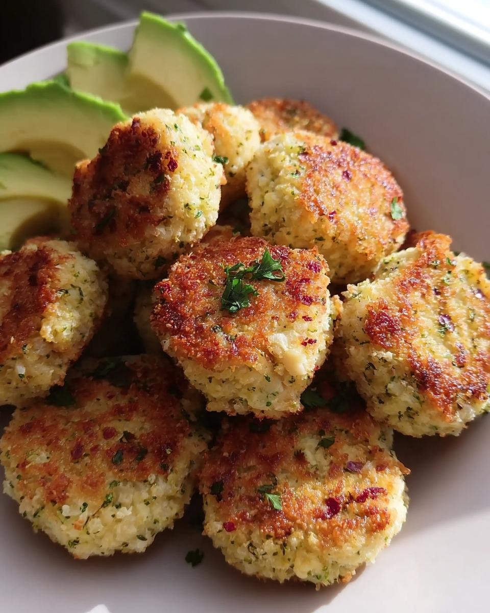 A plate of Nutritious Chicken Broccoli Nuggets served with fresh avocado slices.