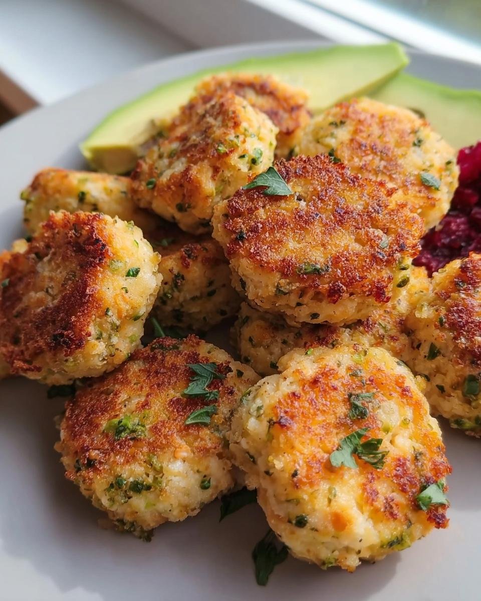A plate of golden brown Nutritious Chicken Broccoli Nuggets, served with avocado and beet relish.