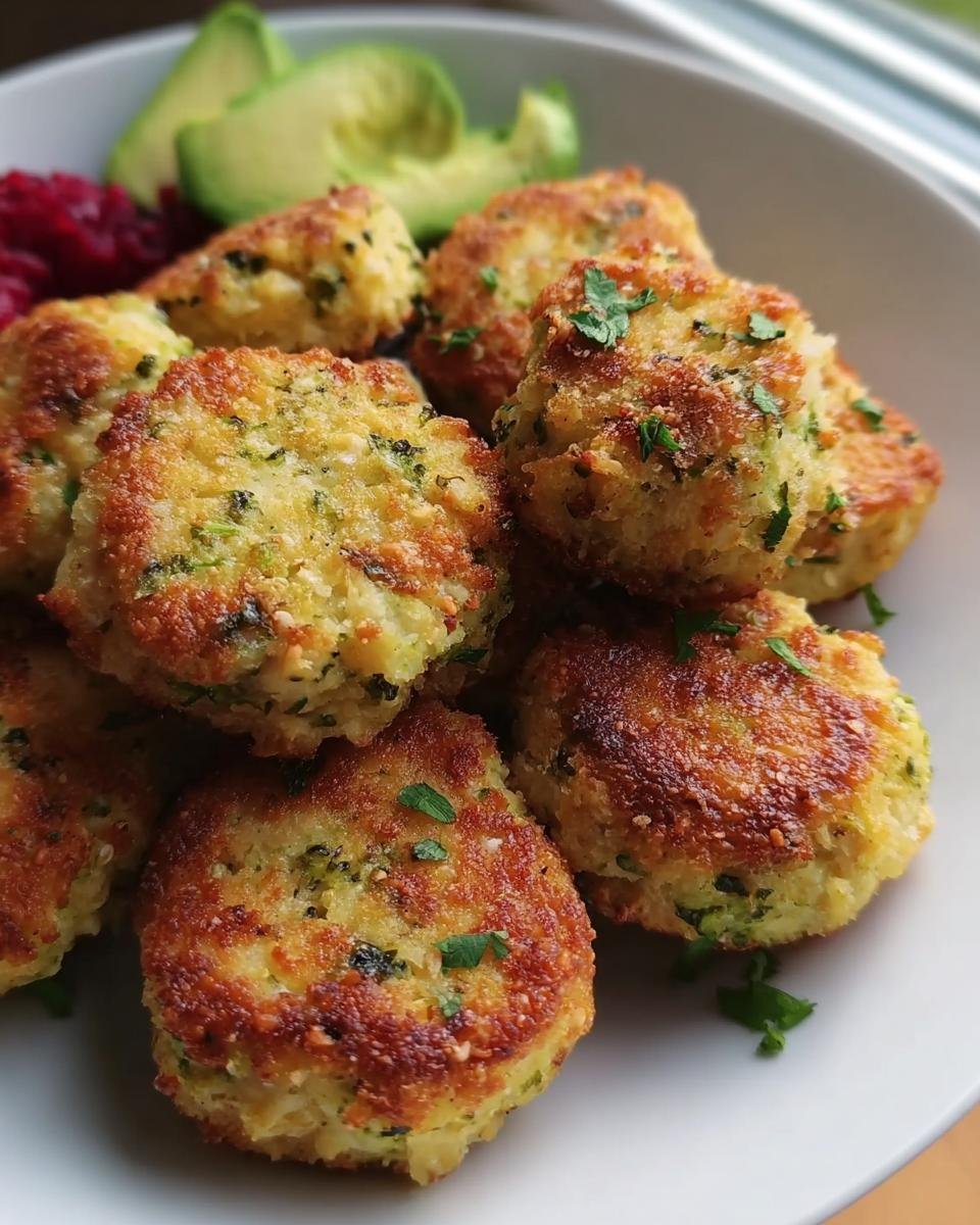 A plate of golden-brown Nutritious Chicken Broccoli Nuggets, garnished with parsley, served with avocado and beet relish.