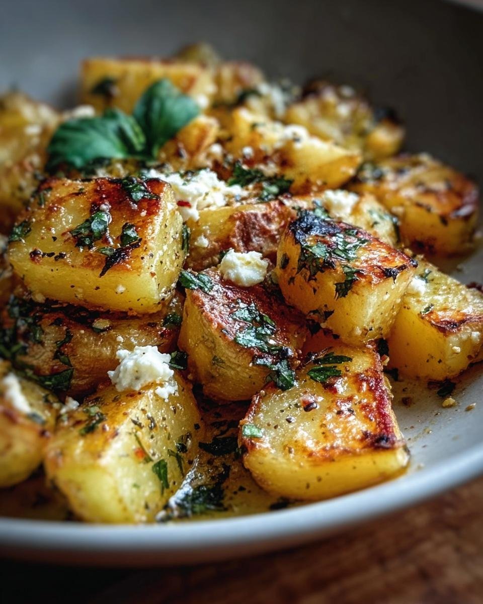 Close-up of Oven-Baked Feta Potatoes with herbs, feta cheese, and golden-brown roasted potatoes.