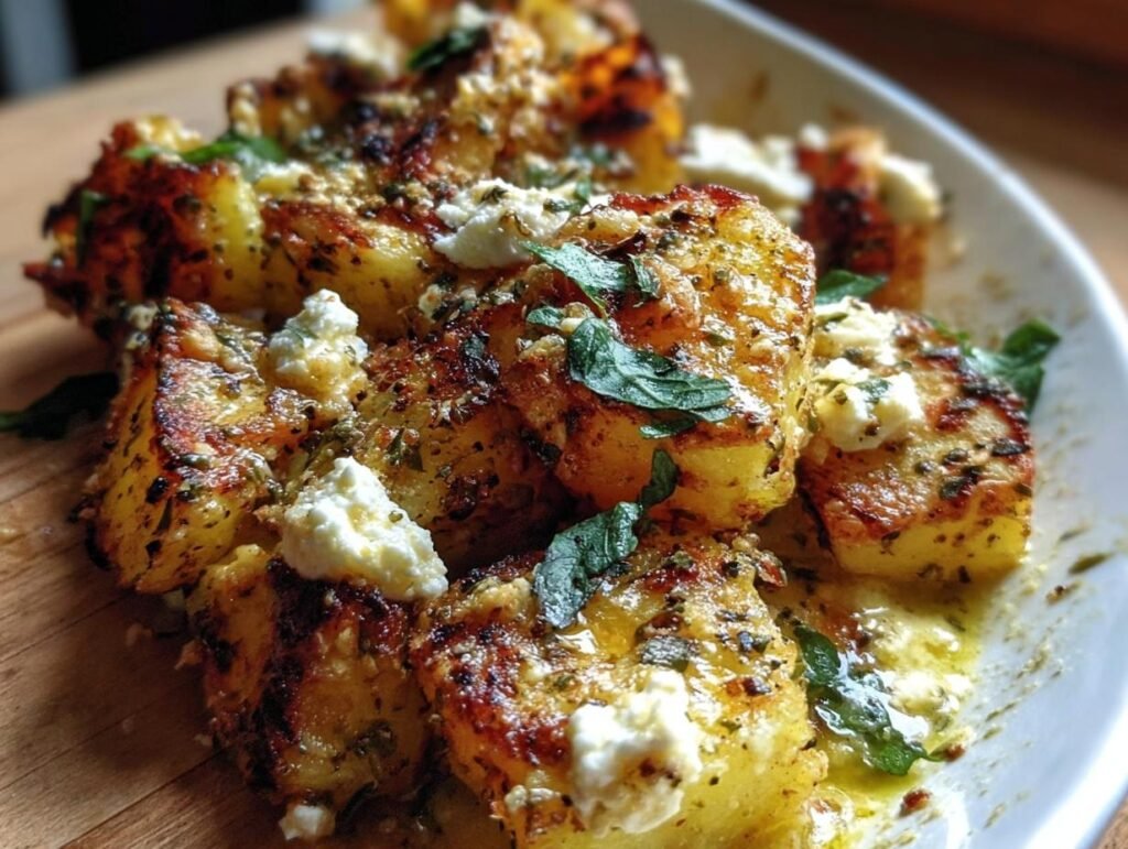 Golden Oven-Baked Feta Potatoes with herbs, feta cheese, and olive oil on a white plate.