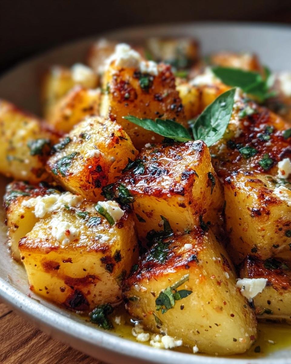 Close-up of Oven-Baked Feta Potatoes, garnished with fresh basil and feta cheese crumbles.