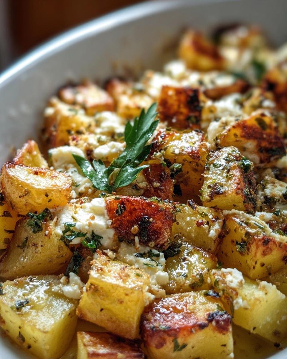 Close-up of Oven-Baked Feta Potatoes, showing crispy potatoes, crumbled feta, and fresh herbs.