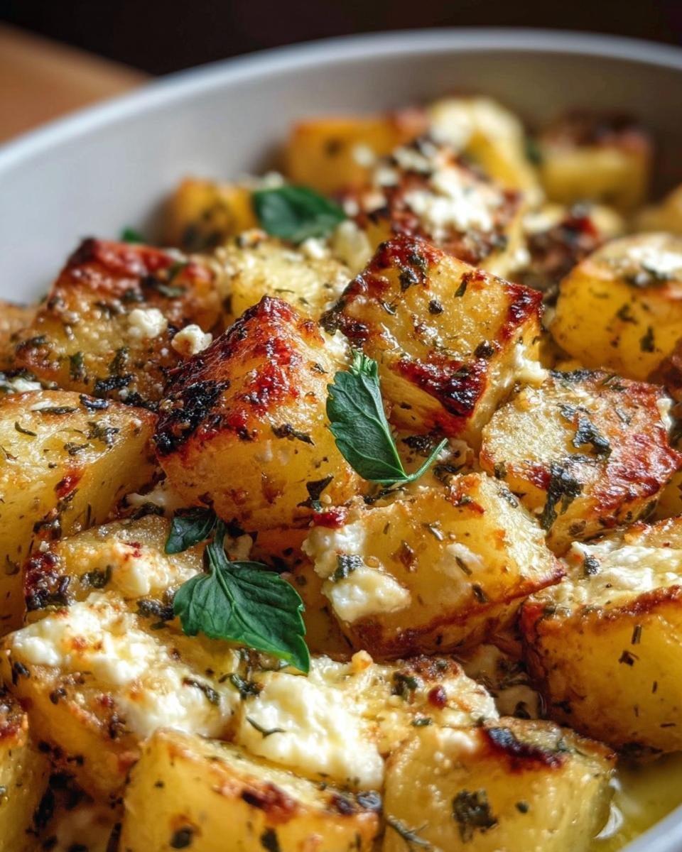 Close-up of Oven-Baked Feta Potatoes with herbs, showing golden-brown roasted potatoes and melted feta cheese.
