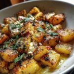 Close-up of Oven-Baked Feta Potatoes in a bowl, garnished with fresh herbs and feta cheese.
