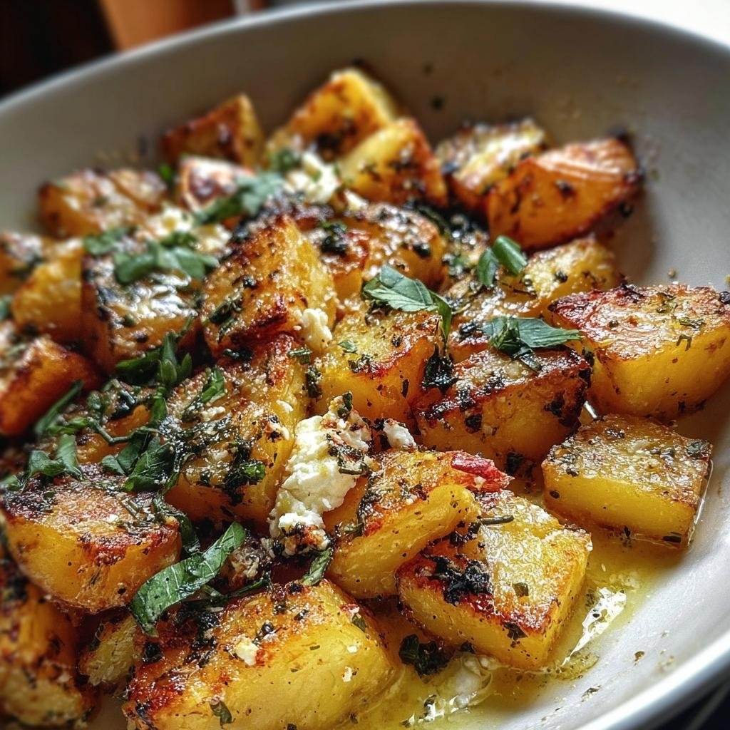 Close-up of Oven-Baked Feta Potatoes in a bowl, garnished with fresh herbs and feta cheese.