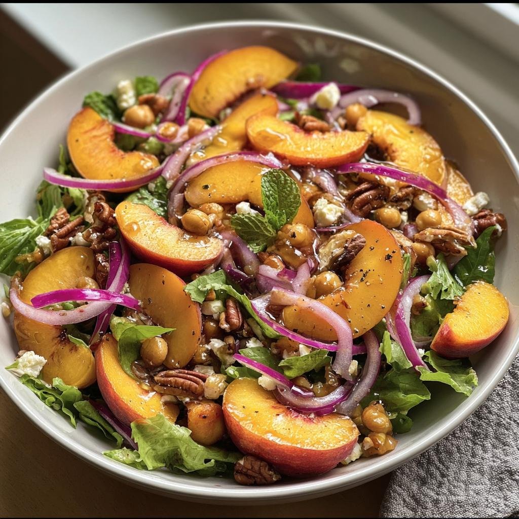 A vibrant Peach Salad with Honey Lime dressing, featuring fresh peaches, red onion, nuts, and feta cheese.