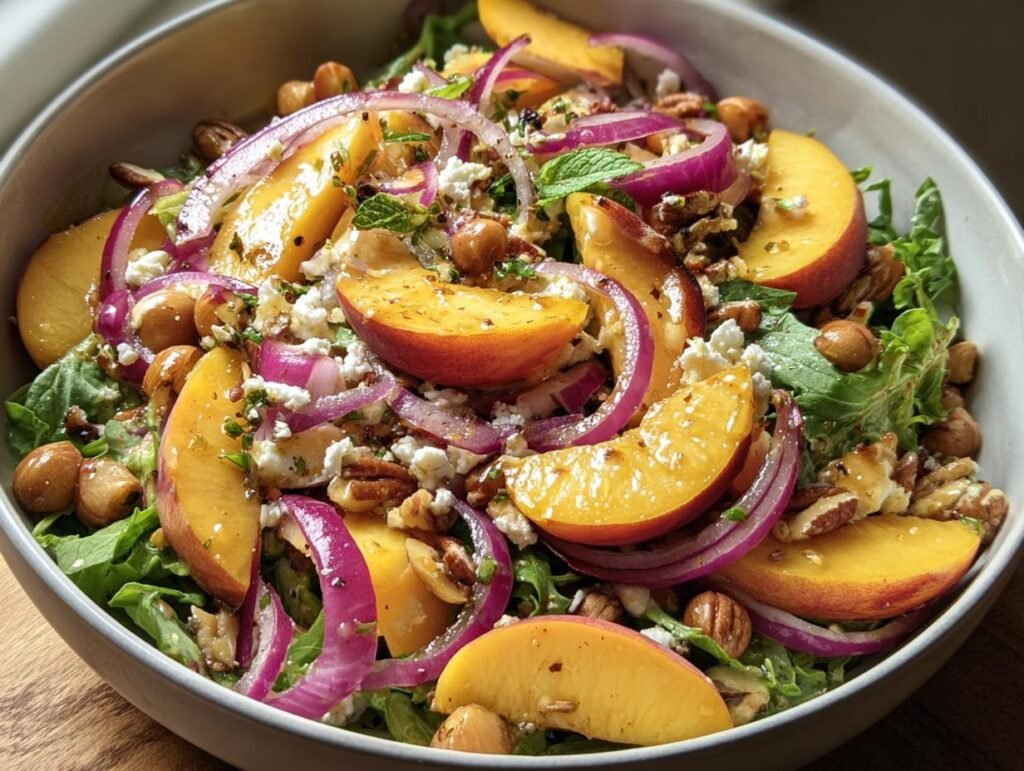 A vibrant Peach Salad with Honey Lime dressing, featuring fresh peaches, red onion, feta, and nuts.