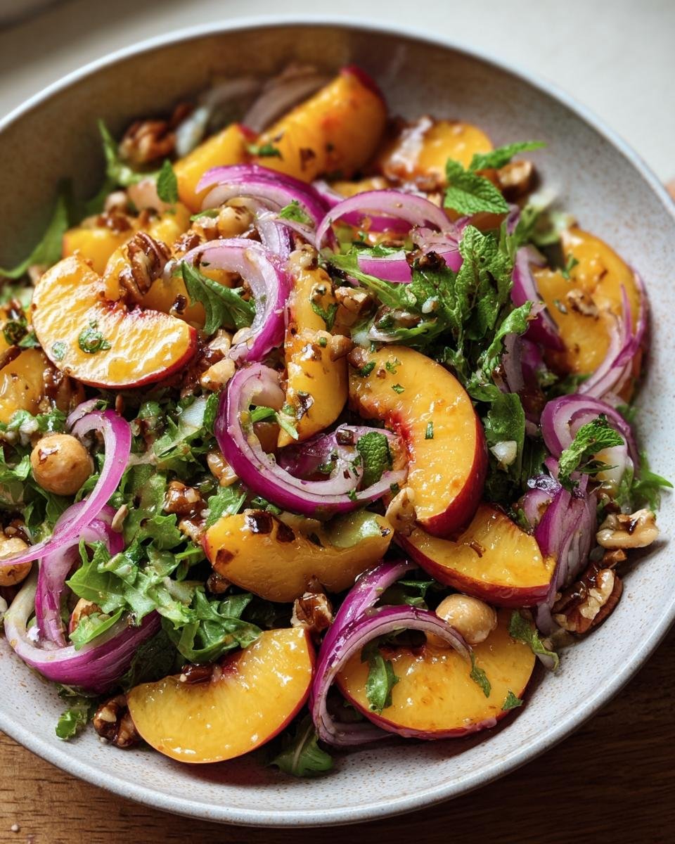 Close-up of a vibrant Peach Salad with Honey Lime dressing, red onion, nuts, and fresh mint.