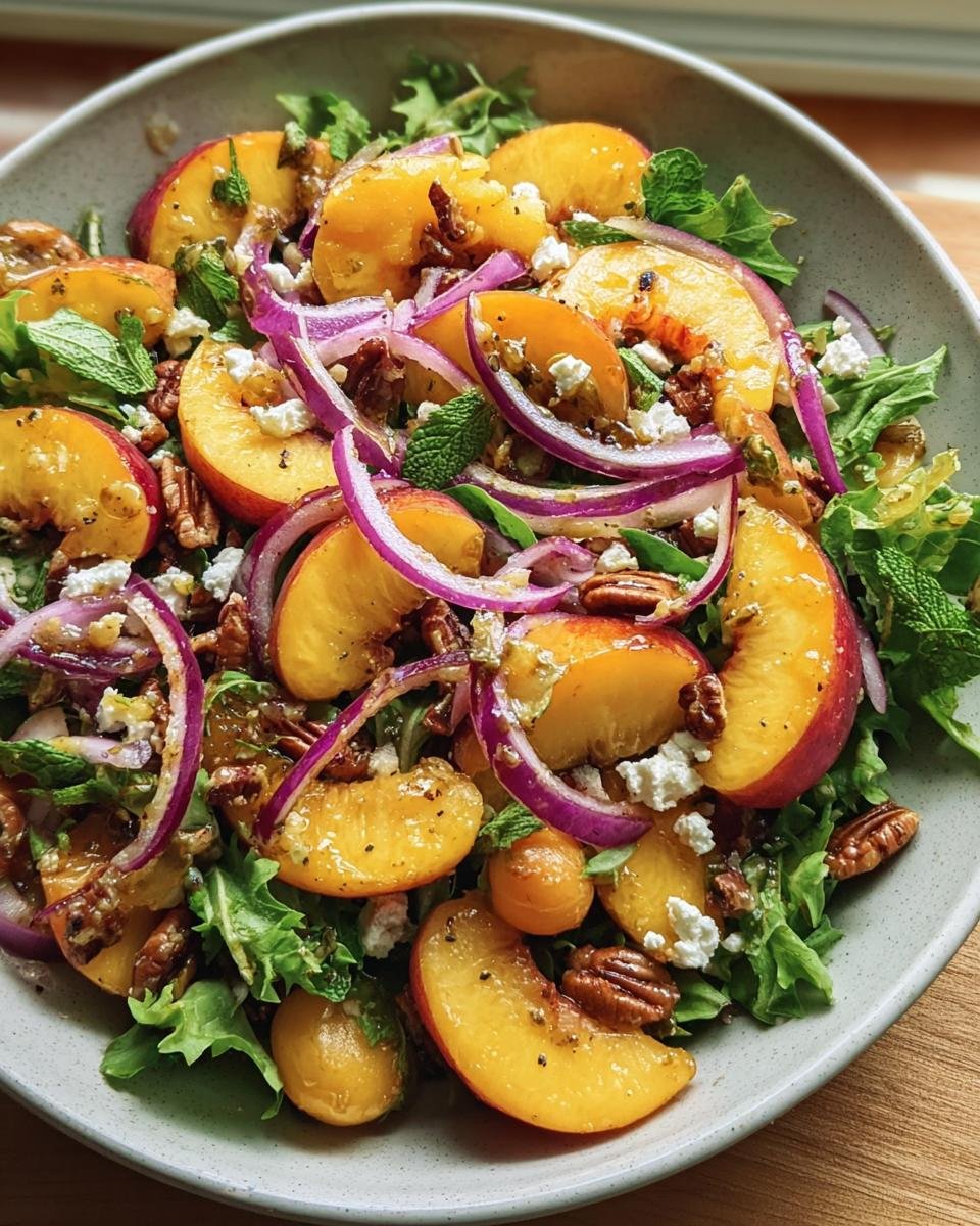 Overhead view of a vibrant Peach Salad with Honey Lime dressing, red onion, pecans, and feta.