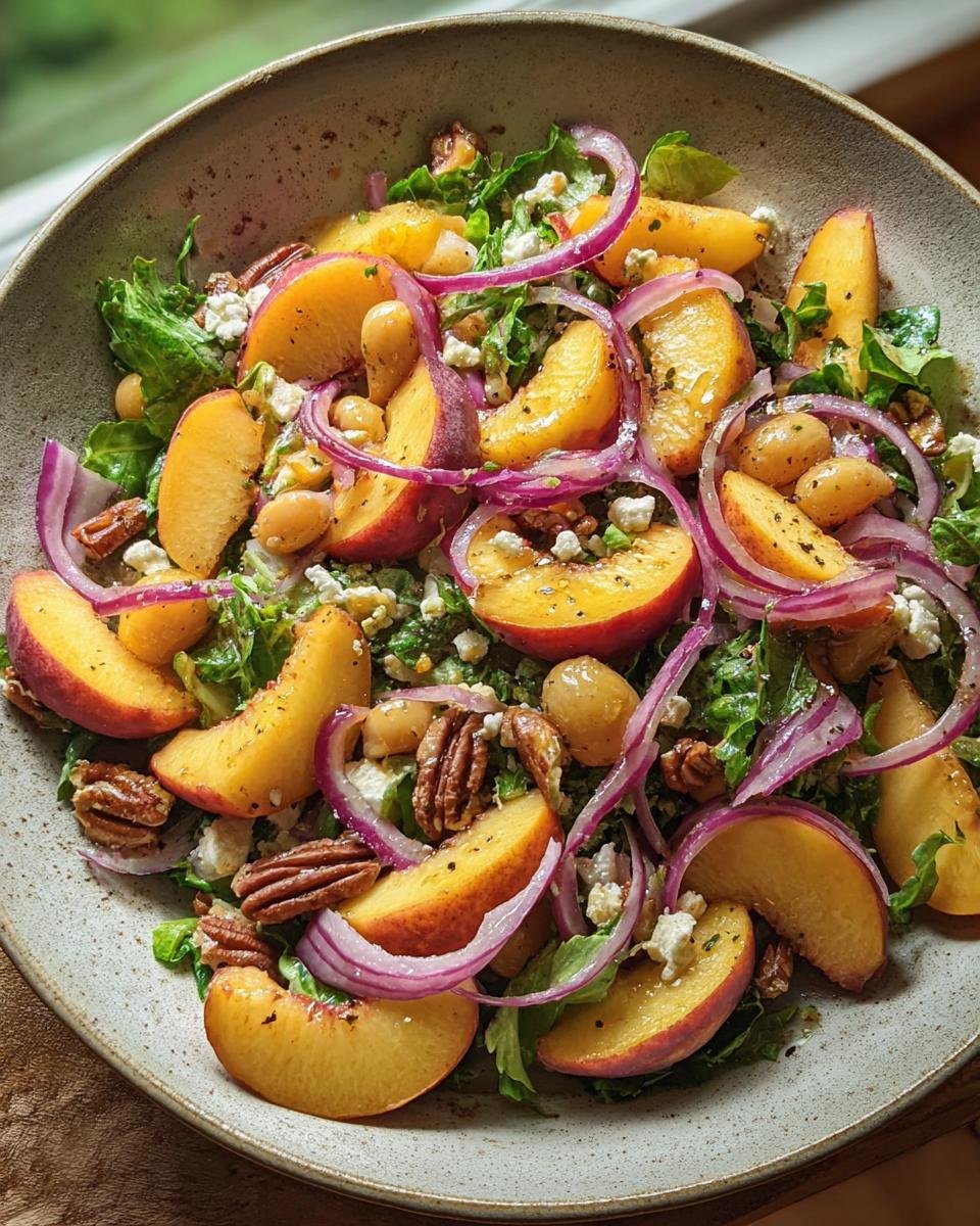 Overhead shot of a vibrant Peach Salad with Honey Lime dressing, featuring peaches, red onion, pecans, and feta.
