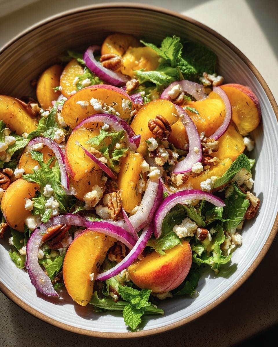 Overhead shot of a vibrant Peach Salad with Honey Lime dressing, red onion, pecans, and feta.