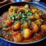 Close-up of a bowl of Persian Potato Curry, garnished with fresh cilantro.