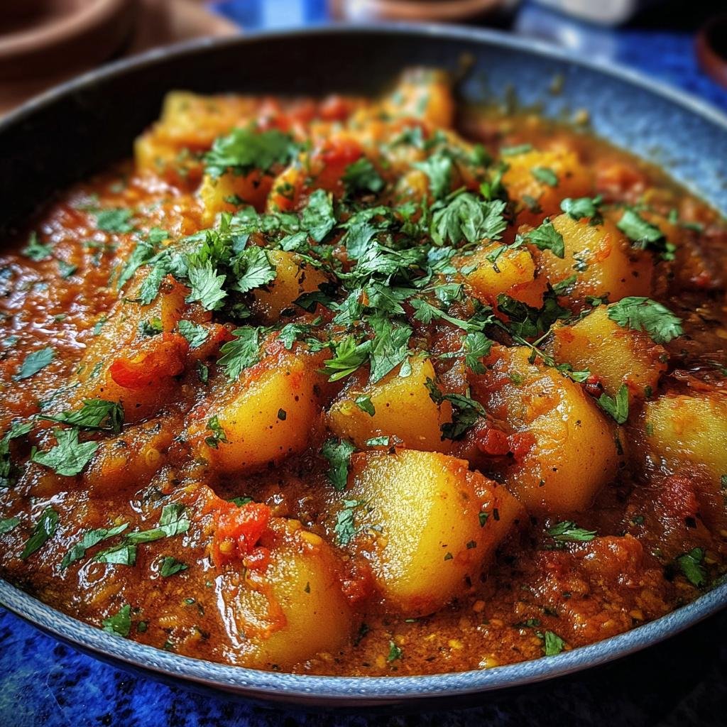 Close-up of a bowl of Persian Potato Curry, garnished with fresh cilantro.