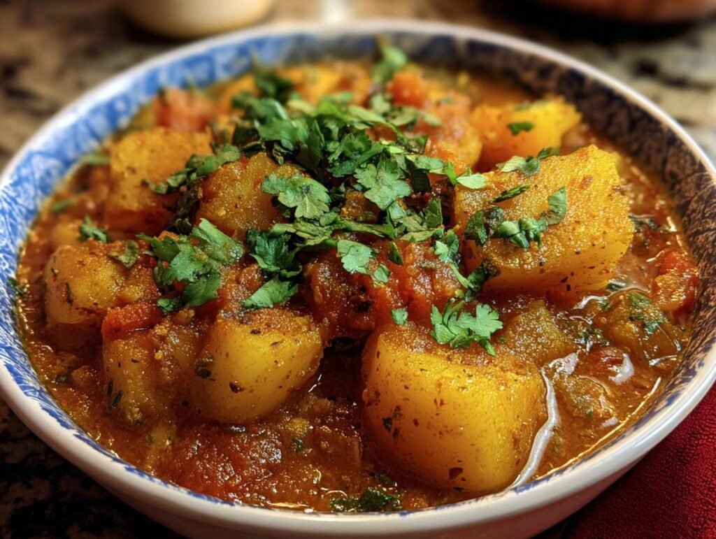 A close-up of a bowl of Persian Potato Curry, garnished with fresh cilantro.