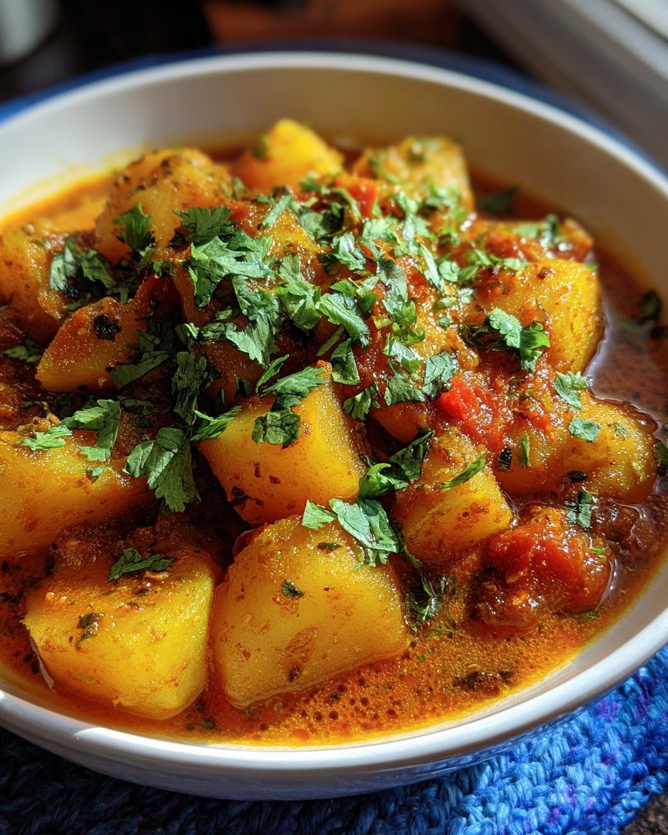 A bowl of delicious Persian Potato Curry, garnished with fresh cilantro. Ready to eat!