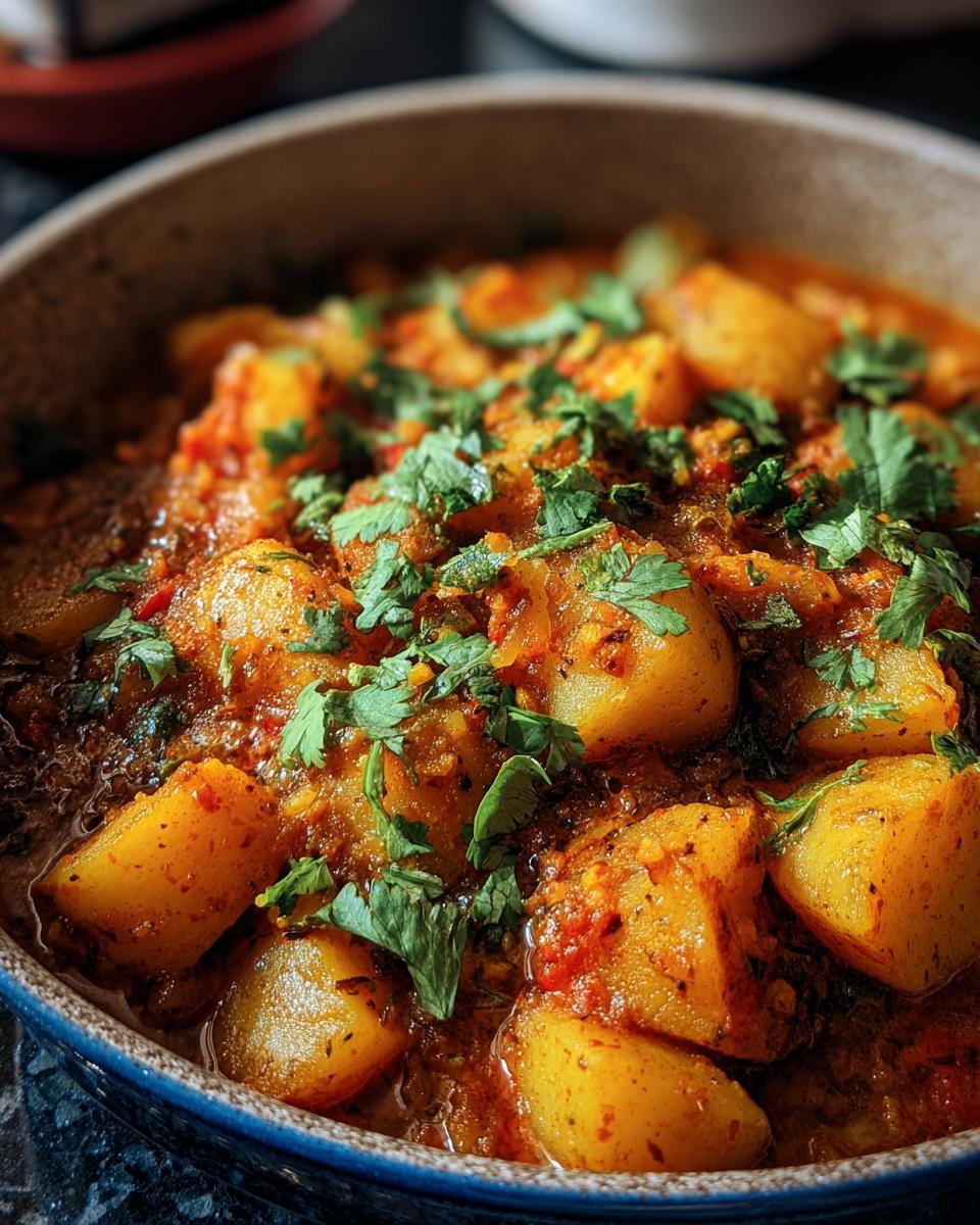 Close-up of Persian Potato Curry in a bowl, garnished with fresh cilantro. Rich, flavorful, and ready to eat.